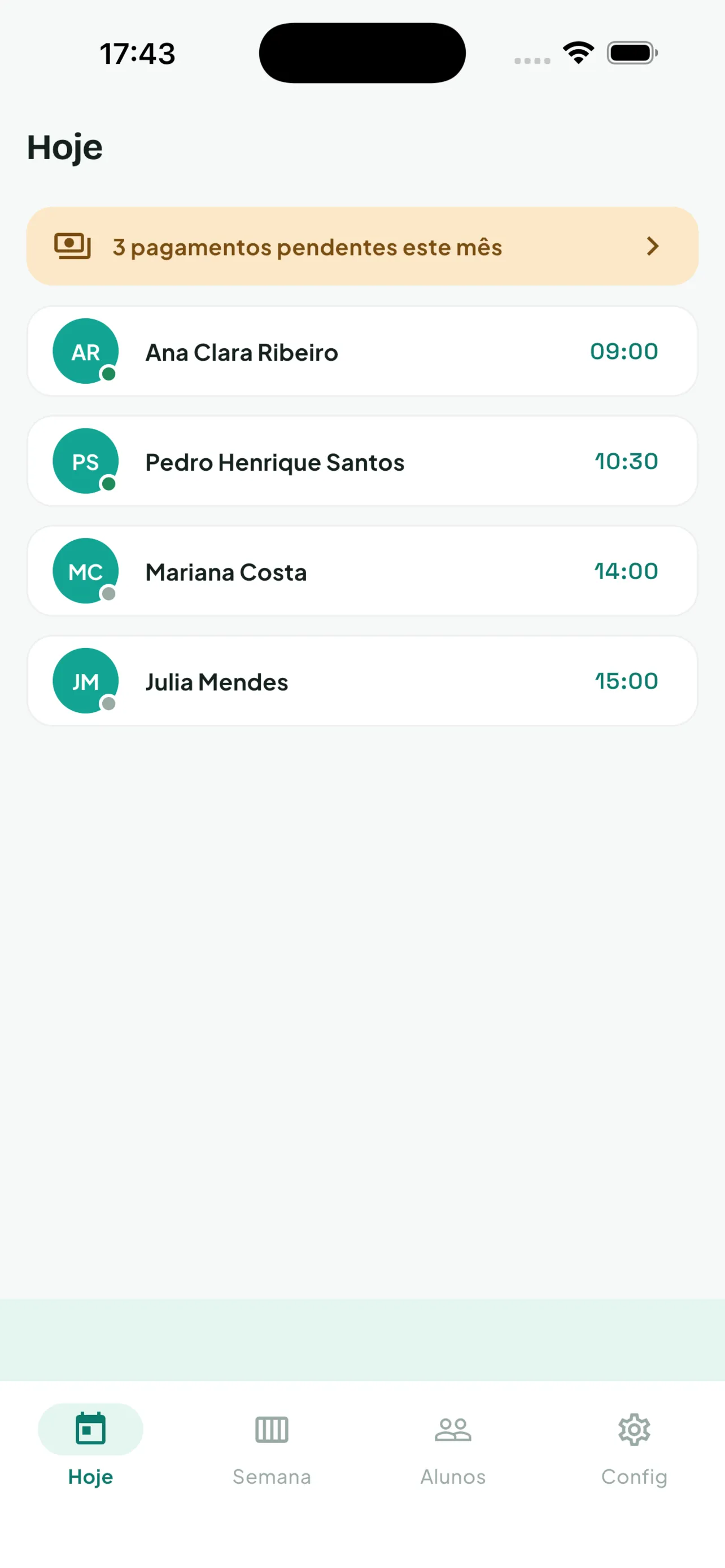 Aulora Today screen with the day lessons and pending payments
